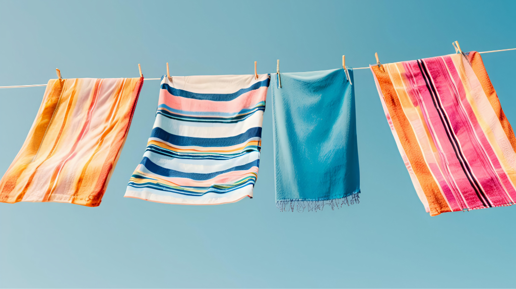 Four brightly coloured striped beach towels drying on a clothesline against a clear blue summer sky.