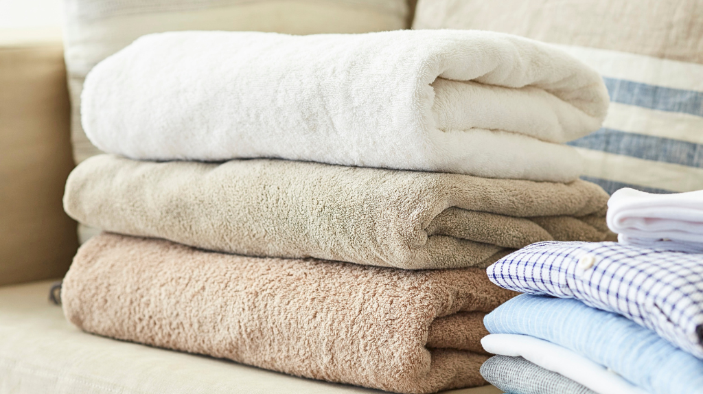 Stack of clean, freshly folded towels and clothes on a couch, representing convenience and efficiency of a 24-hour laundromat.