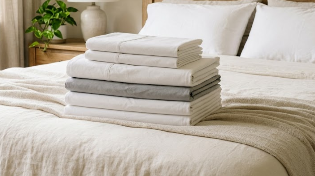 Winter bedding folded on bed.