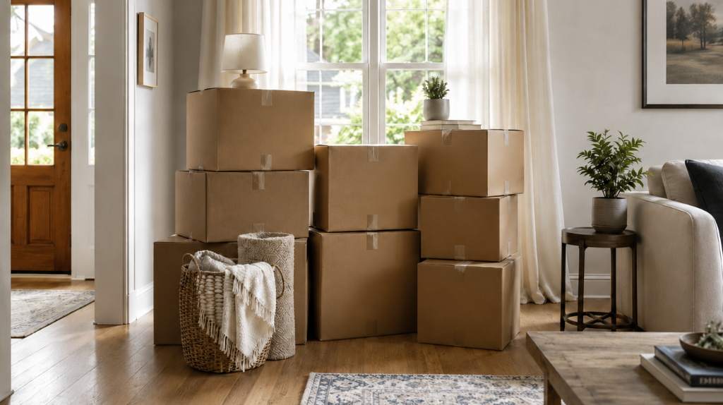 Moving boxes stacked in a bright living room, with a laundry basket ready for a trip to the laundromat.